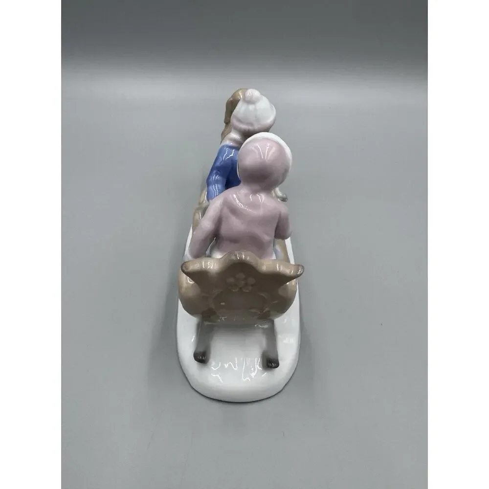 Meico Figurine Boy & Girl Sled Retriever Dog Snow Winter Porcelain Figurine 8”